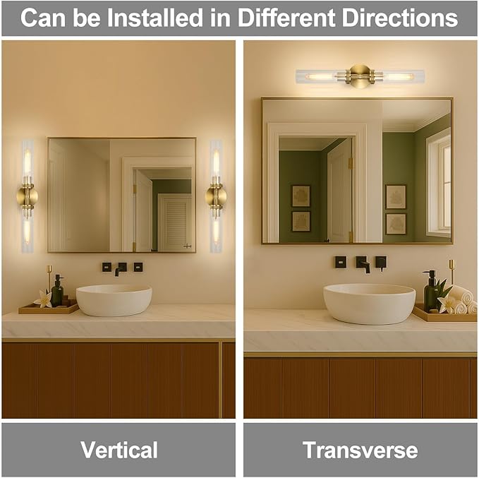 LaLuLa 2-Light Gold Bathroom Vanity Light Fixtures 2-Pack – Hardwired Wall Sconces with Rippled Glass Shades and Textured Metal Frame, Modern Vanity Lighting for Mirror, Bedroom, or Hallway, 25”