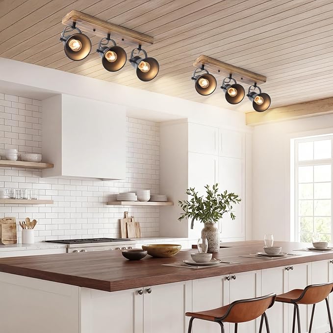 3-Light Track Lighting Kit, Wood Semi Flush Mount Ceiling Light with 3 Rotatable Heads – Modern Farmhouse Kitchen Lighting Fixtures Ceiling for Living Room, Bedroom, Hallway, Bathroom