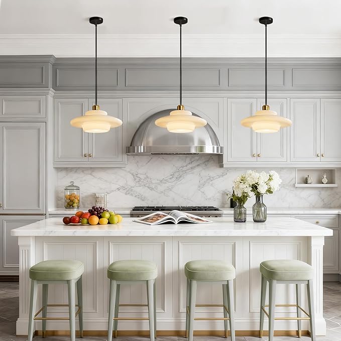 Pendant Lights Kitchen Island: Mid-Century Modern Hanging Light Fixture Entryway - Glass Pendant Lamp Dining Room (Black Rod)