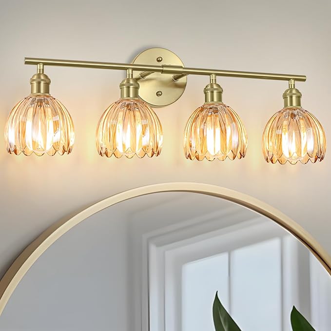 Vintage Bathroom Light Fixtures,4-Light Hardwired Vanity Lights with Amber Tulip Glass Shade,Gold Bathroom Vanity Light for Mirror Restroom,E26 Socket,25.2 in(Bulbs Not Included)