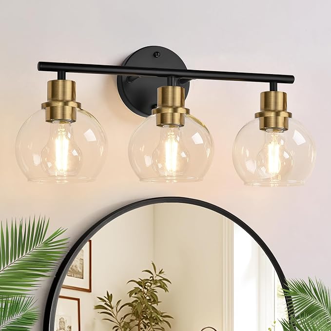 Indoi 3-Light Bathroom Light Fixtures, Black and Gold Bathroom Lights Over Mirror with Clear Glass Globe Shade, Vanity Lights for Bathroom Kitchen Living Room Hallway Cabinet Bedroom Porch