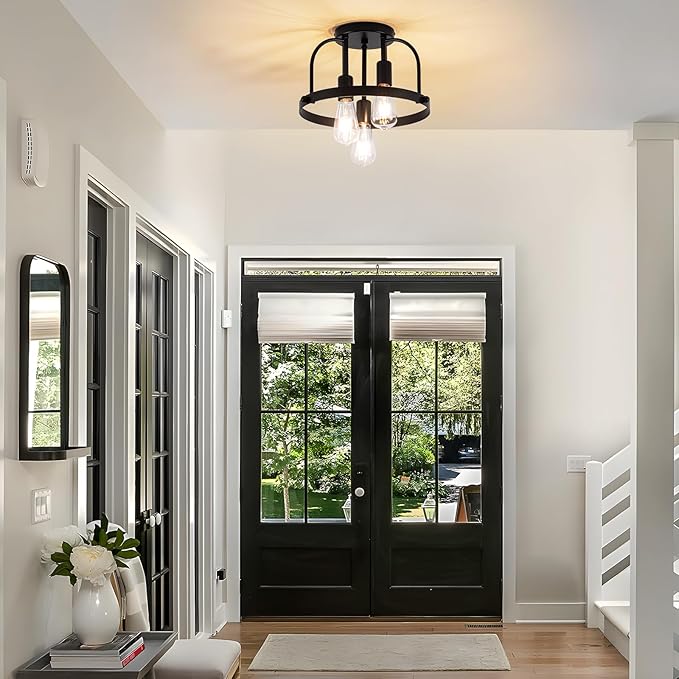 3 Light Industrial Ceiling Light Black Semi Flush Mount Lights Close to Ceiling Light Fixtures,cage Design Farmhouse Ceiling Lighting for Kitchen Bedroom Bathroom Foyer Hallway (E26, 1Pack)