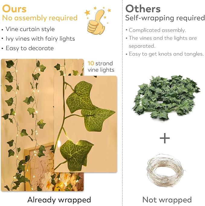 A.bigwhale Vines Lights for Bedroom, 6.5ft x 6.5ft Ivy Garland with 200 LED Vine Artificial Fairy Lights Curtain 8 Modes, USB Hanging Vine Lights for Wedding Window Wall Party Christmas Decoration