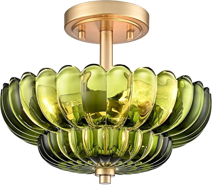 Semi Flush Mount Ceiling Light Fixture, Green Glass 3-Light Modern Vintage Ceiling Lights, Scalloped Close to Ceiling Light, Gold Base Flush Mount Ceiling Light for Hallway Bedroom Entryway Kitchen