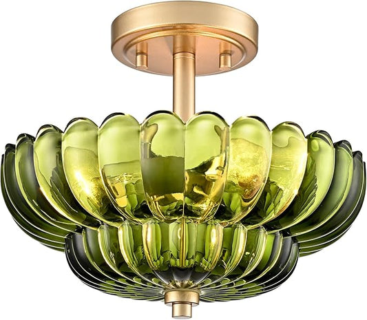 Semi Flush Mount Ceiling Light Fixture, Green Glass 3-Light Modern Vintage Ceiling Lights, Scalloped Close to Ceiling Light, Gold Base Flush Mount Ceiling Light for Hallway Bedroom Entryway Kitchen