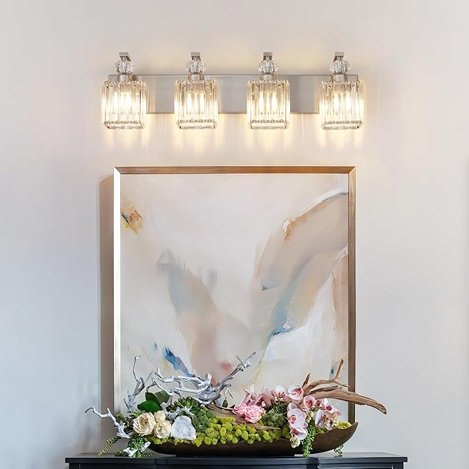Modern Bathroom Vanity Light, 4-Light Nickel Bathroom Lighting Fixtures Over Mirror, 28.4" Crystal Wall Light Sconce for Bathroom/Bedroom/Vanity, Includes LED Bulbs, Easy Installation