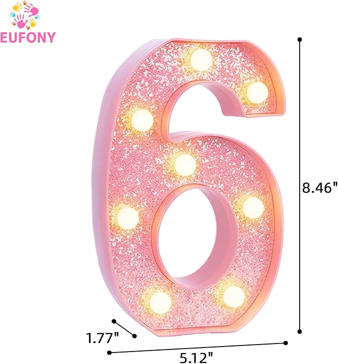 Pink Light Up Marquee Numbers, Glitter LED Number Lights Sign Battery Operated for Girls 6th Pink Birthday Party Table Decorations, 2026 Graduation Decor, 8 Inch Number 6 with Warm White Lights