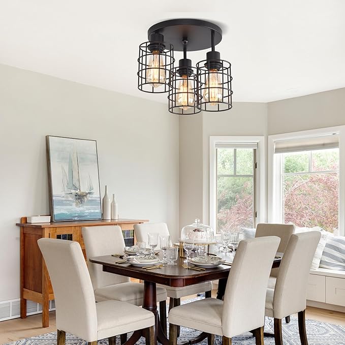 3 Lights Industrial Ceiling Light Fixtures,Iron Cage Ceiling Lamp Pendant Lighting,3-Light Close to Ceiling Light Fixtures, Modern Chandelier for Bedroom Entryway Kitchen Hallway