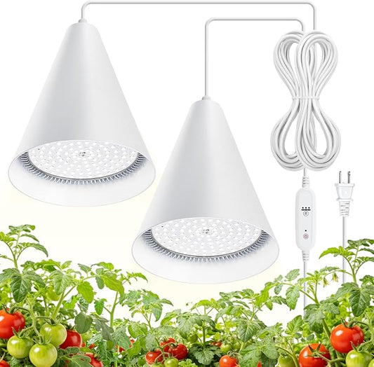 Bstrip Hanging Grow Lights for Indoor Plants, Two Head One Cord, 50W Full Spectrum Hanging Plant Light with Timer, 5000K Daylight White Pendant Grow Light for Garden, Flowers, Succulents Growing