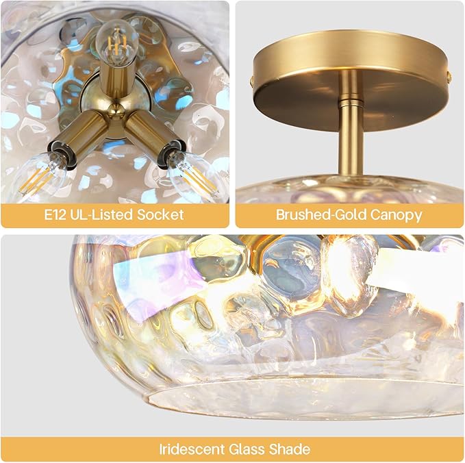 12" Iridescent Rainbow Hammered Glass Ceiling Light, 3-Light Semi Flush Mount Fixture, Modern Gold Lighting for Bedroom, Hallway, Kitchen, Dining Room, Living Room, Foyer