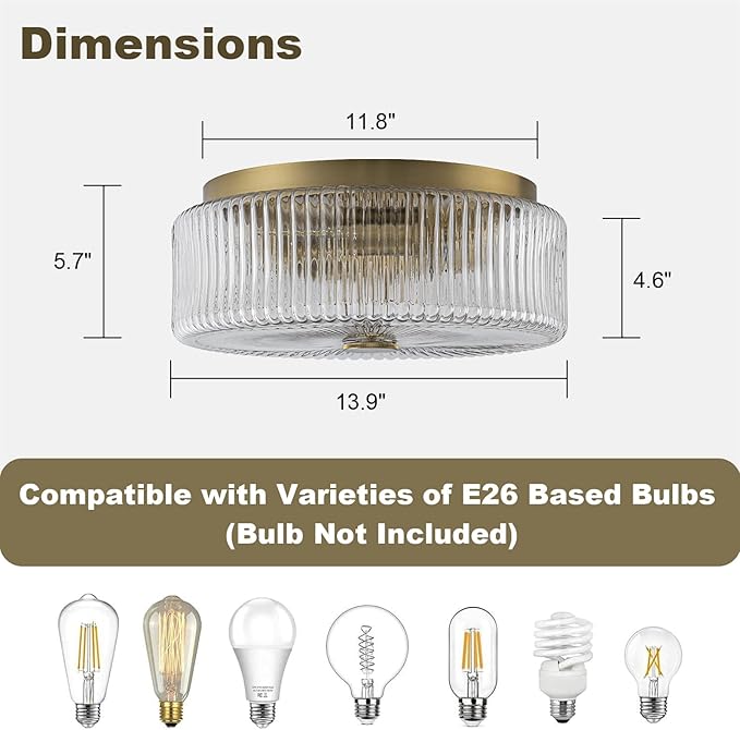 13.9 Inch Gold Flush Mount Ceiling Light,Mid-Century Modern 3 Light Ceiling Light Fixture with Clear Striped Glass Shades,for Bedroom,Kitchen,Hallway,Entryway
