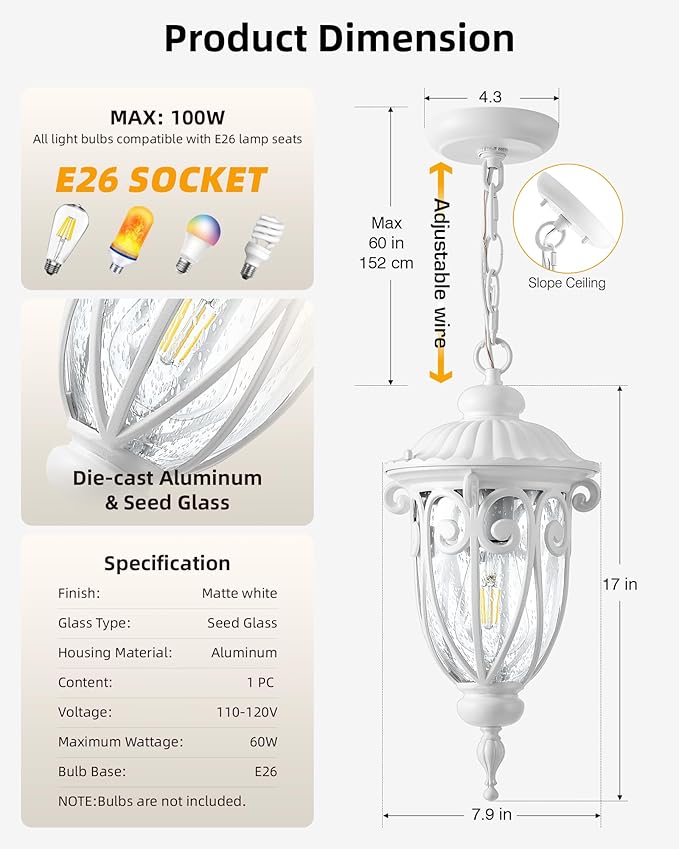 VIANIS Outdoor Pendant Light Lantern, White Modern Outdoor Chandelier, Handcrafted Hanging Outdoor Lights with Seed Glass, Outdoor Ceiling Lights for Porch, House, Doorway, Garden, Entryway