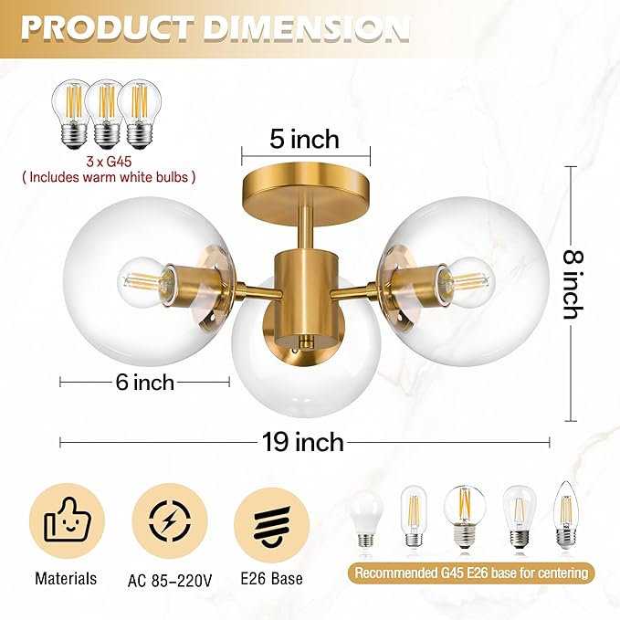 Mid Century 3-Light Clear Globe Glass Gold Chandelier 19 Inch Modern Brass Semi Flush Mount Ceiling Lights Modern Light Fixtures Ceiling Lights Fixture for Bedroom Living Room Hallway Entryway