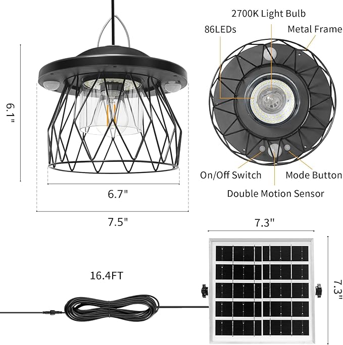 Shed Light Solar Powered, 2 Motion Sensor Lights Outdoor with Remote, Unique Diamond Design Metal Frame Hanging Lantern with Timer, Gazebo Lights for Patio Barn Garage Shop