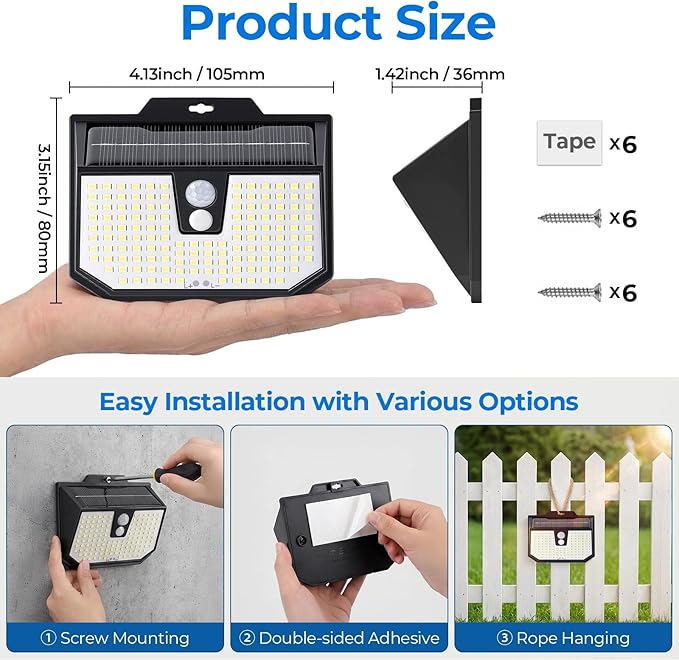 Brightever Solar Lights Outdoor Motion Sensor, 6 Packs Super Bright Solar Fence Lights with 3 Lighting Modes, Solar Powered Security Wall Lights Waterproof for Outside, Yard, Pathway, Garden, Deck