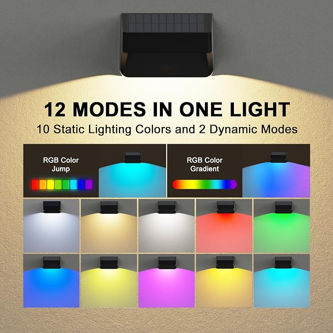 ZCXLIGHT Solar Fence Lights Outdoor,Fence Solar Lights Outdoor Waterproof Led IP65 with10 Fixed Colors ＆ RGB Color Changing for Wall Backyard Step Railing Patio Pool Porchaily&Holiday Decorations (8)