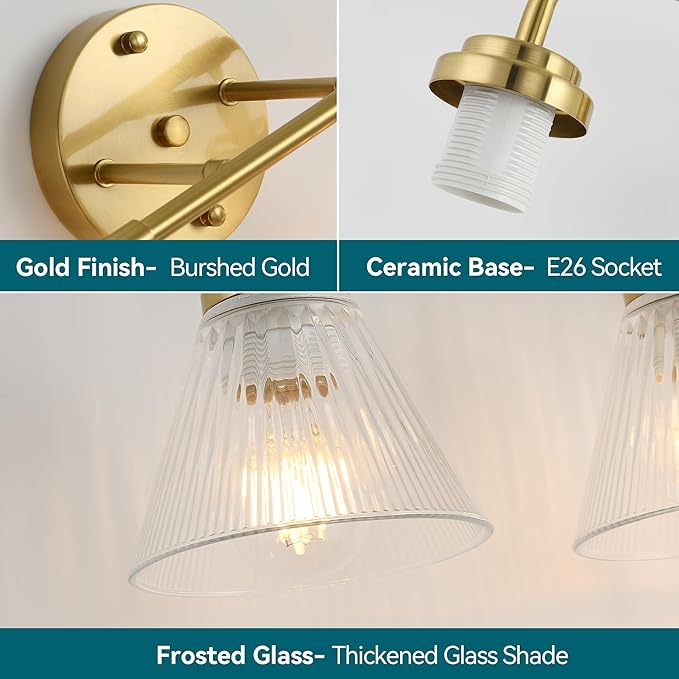 Modern Bronze Bathroom Vanity Light, 4-Light Wall Sconce with Clear Ribbed Glass Shades, Farmhouse Industrial Light Fixture for Bathroom, Vanity Mirror, Powder Room, Hallway (bronze, Eletroplate, 4)