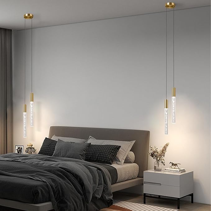 Modern Gold Pendant Light Fixture (2 Lights), 3 Color LED Pendant Light Acrylic Wire Adjustable Ceiling Pendant for Kitchen Island, Living Room, Bedroom, and Dining Room(Gold, 2Light 3pack)