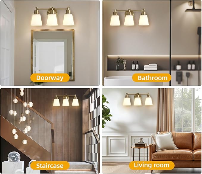 3-Light Bathroom Vanity Light, Gold Finish with Milk Glass Shades, Over Mirror, for Bathroom Vanity