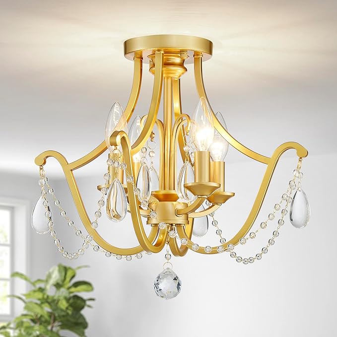 Modern 4-Light Maria Theresa Candle Chandelier Ceiling Light, Gold Ceil Light Fixture for Dining Room, Living Room, Bedroom, Farmhouse Style, Vintage Antique Design, D15.7*H14.6inch