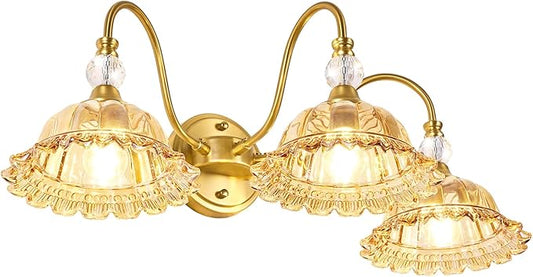 Mid Century Bathroom Light Fixtures 3 Lights Brushed Gold Vanity Lights for Bathroom with Floral Amber Crystal Glass Shade Bathroom Vanity Lighting Fixtures Over Mirror for Bedroom Living Room Hallway