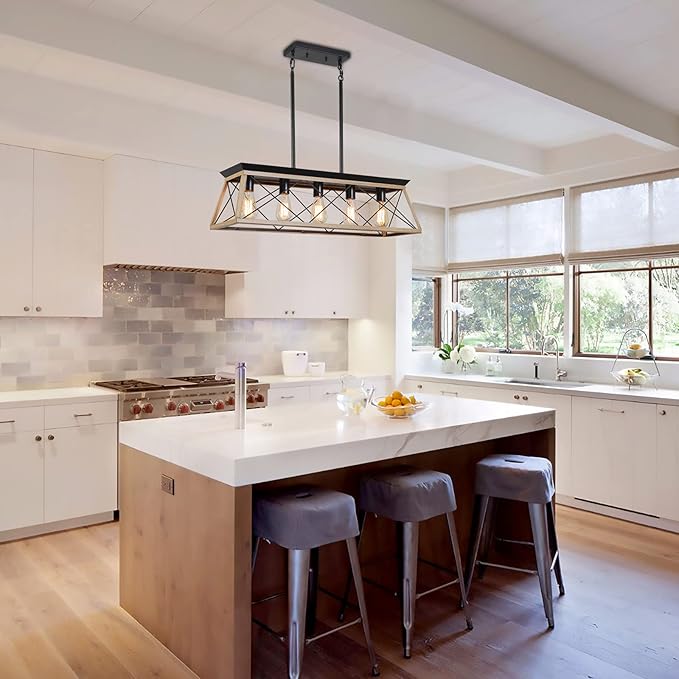 Farmhouse Chandeliers for Dining Room, Rustic Kitchen Island Light Fixture, 5-Light Linear Pendant Lighting Rectangular Chandelier, Metal Solid Ceiling Lights