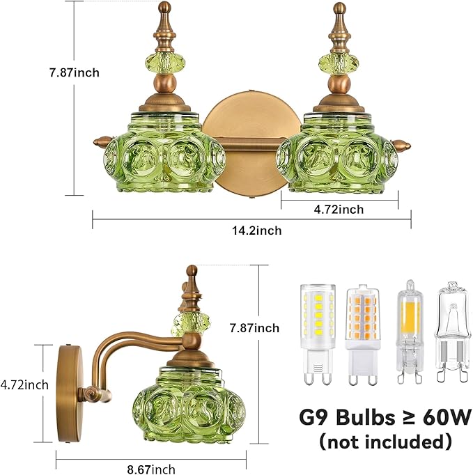 Green 2-Light Vintage Vanity Light Fixtures with Crystal Glass Shade, Rust-Proof and Durable Bathroom Lighting Wall Sconce for Bathroom Bedroom Living Room Hallway