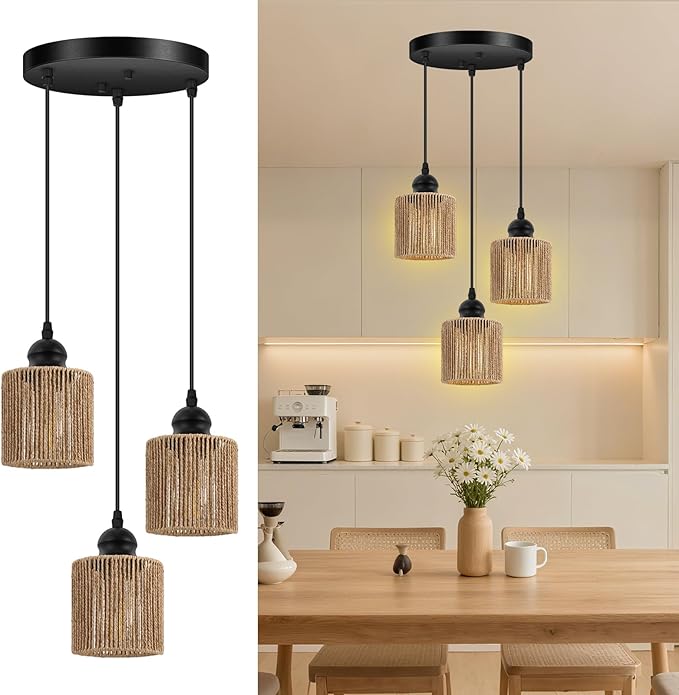 BoostArea 3-Light Rattan Pendant Lights Kitchen Island, Farmhouse Chandelier with Handwoven Wicker Shade, Adjustable Height Boho Hanging Light for Kitchen Island/Dining Room/Bedroom/Hallway, No Bulb