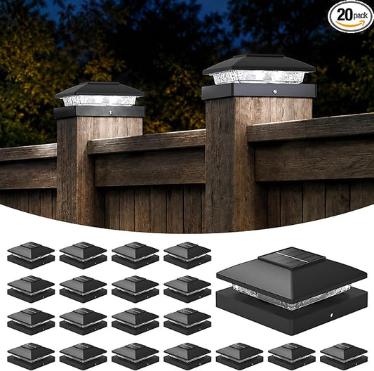 APONUO Solar Post Cap Lights for 4x4 Posts - IP64 Waterproof, 6500K LED, No-Wire Fence Lights & Deck Lights for Patio Garden Yard Patio, Black-Cool White, 20 Pack