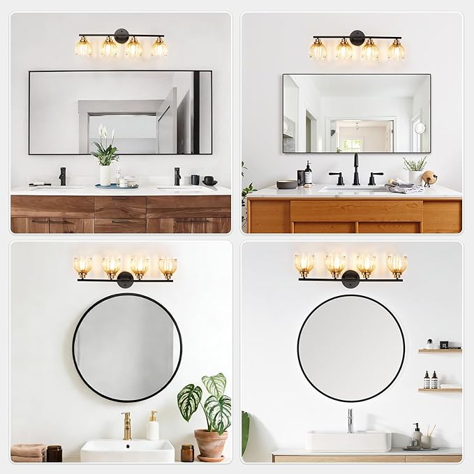 TALOYA Bathroom Vanity Light Fixtures, 4-Light Black and Gold Wall Lights for Mirror with Gradient Amber Tulip Glass Shades, Over Sink Lighting for Bedroom, Living Room, Hallway