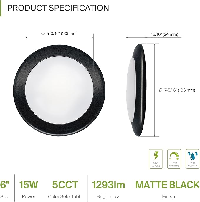 ASD 1 Pack LED Disk Lights 6 Inch, 15W 5CCT 2700K-5000K 1245LM CRI90+, Dimmable Flush Mount Ceiling Light Fixture, Low Profile Surface Mount Disc Lights, Junction Box or Recessed Can Install, ETL