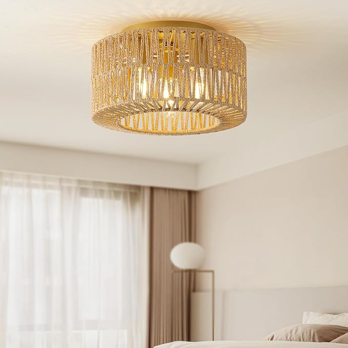12.6”Rattan Flush Mount Ceiling Light Fixtures, 3-Light Boho Light Fixture Rattan Hand-Woven Chandelier Close to Ceiling Light Fixture for Bedroom Hallway Kitchen Dining Room Nursery(Brown)