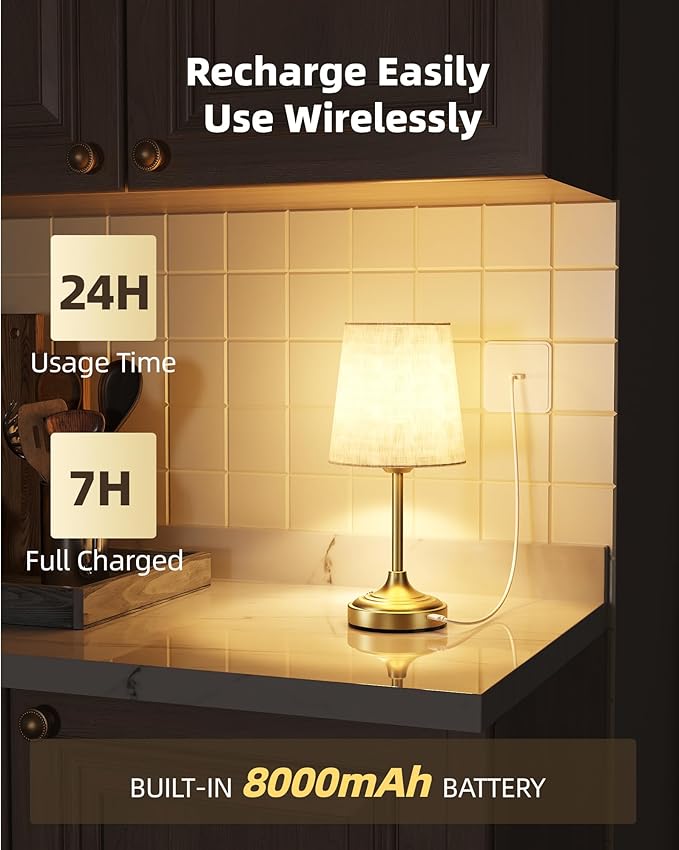 EZVALO Rechargeable Table Lamp, 2-Pack, 8000mAh, Ambient Light, Small, Touch Control, Dimmable, 2700K, Portable, LED, Battery, Cordless, Desk Lamp, Kitchen Lamp, Fabric Shade, for Dining Room