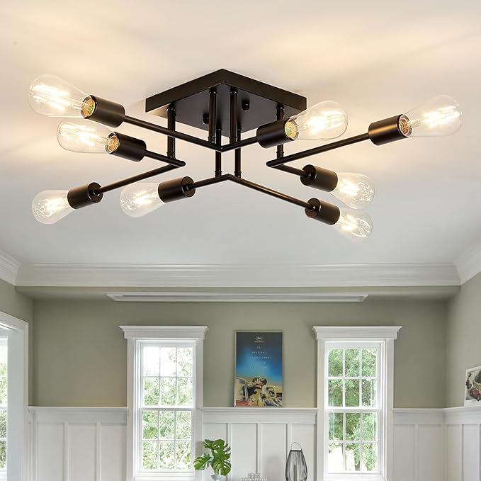 ASGYISA 8-Lights Semi Flush Mount Ceiling Light Fixture Modern Metal Black Sputnik Chandeliers with E26 Bulb Base Close to Ceiling Light for Kitchen Dining Room Living Room Hallway Bedroom