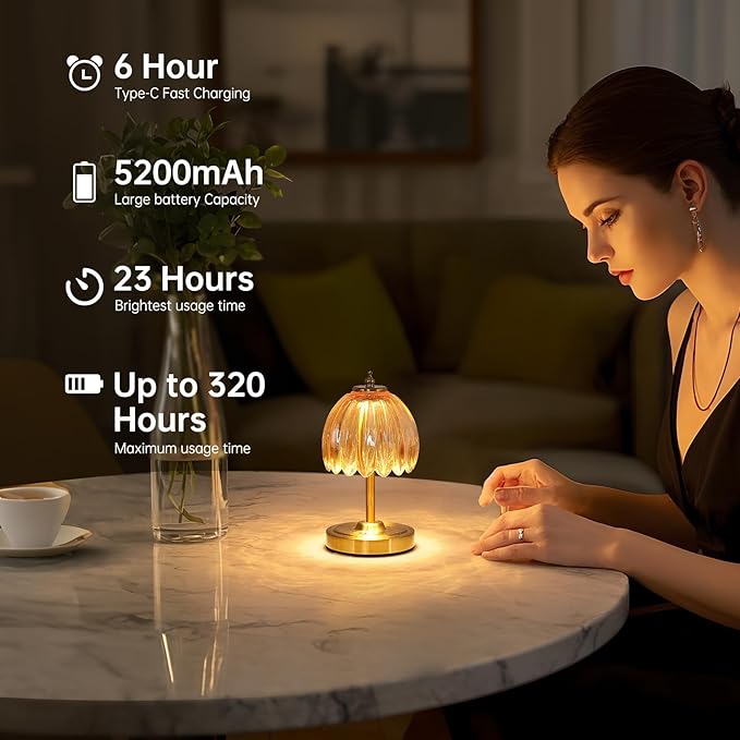 Shenmoyl Set of 2 Tulip Table Lamp with 5200mAh Battery & Touch Control, Cordless Small Table Lamp with 3 Colors, Rechargeable Battery Operated Table Lamps for Nightstand, Bedroom (Amber Tulip)