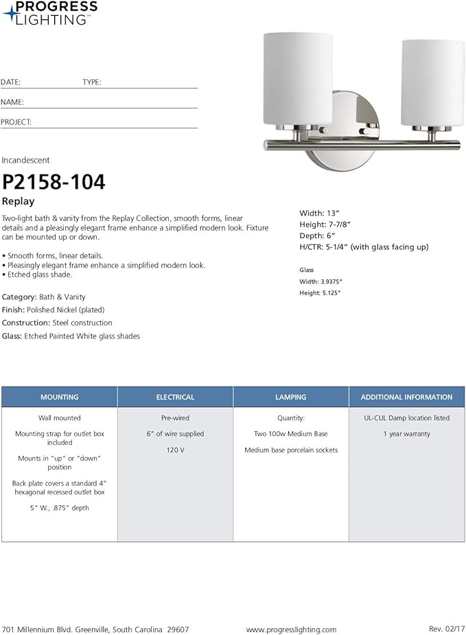 Replay Collection 2-Light Etched White Glass Modern Bath Vanity Light Polished Nickel