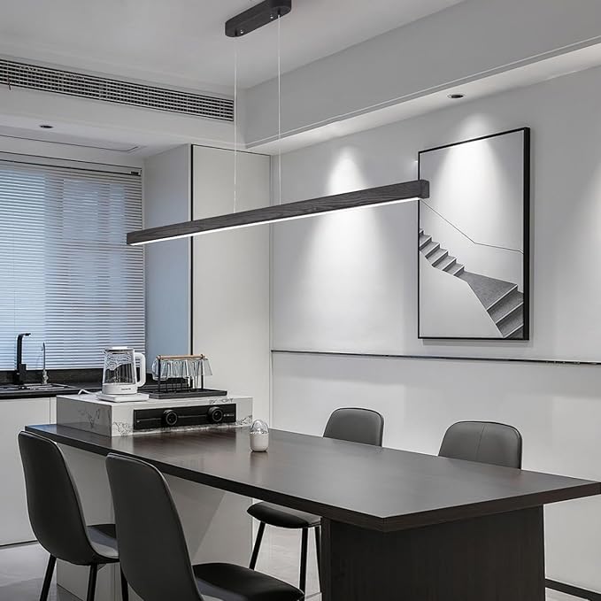 YISDESIGN 47" Black Linear Pendant Light Wooden Led Linear Pendant Light Fixtures Ceiling Hanging Dimmable Pendant Lights for Dining Room Kitchen Island Pool Table Lights Black Wood Finish