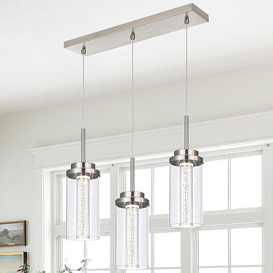 MELUCEE Modern LED Linear Pendant Light Brushed Nickel, 23IN Ceiling Chandelier Light Fixture Hanging with Clear Glass, 3000K-6000K Adjustable Color Temperature Island Light for Dining Room Kitchen