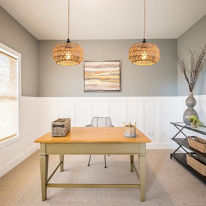 Plug in Pendant Light, Industrial Hanging Light with Plug in Cord Hemp Rope On/Off Switch Farmhouse, Vintage Hanging Lamps for Dining Room