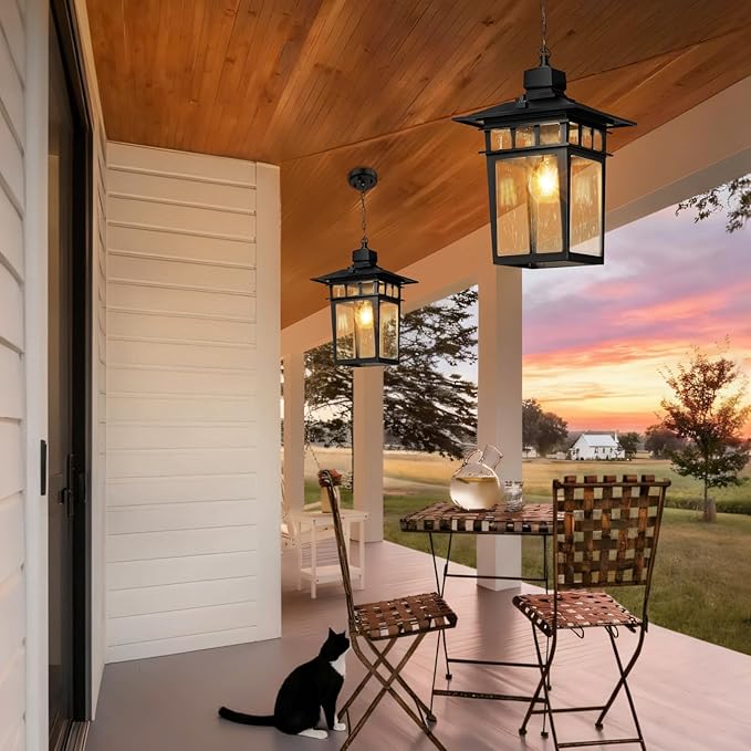 Dusk to Dawn Outdoor Pendant Light,Black Hanging Porch Light,Vintage Outdoor Chandelier,Waterproof Aluminum Exterior Pendant Lighting Fixture with Tempered Glass,Hanging Lights for Front Door Gazebo