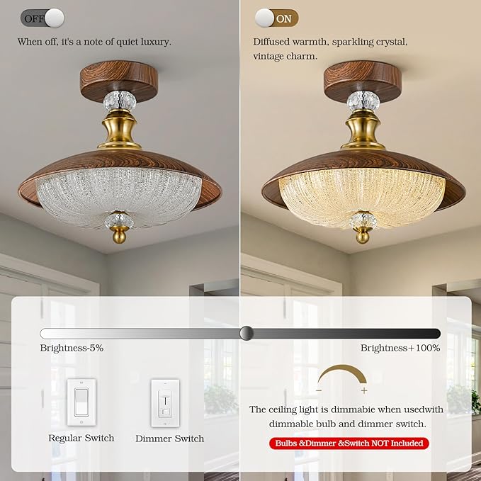 Vintage Crystal Semi-Flush Mount Ceiling Light, 5-Light Fixture, 11.8 Inch Close to Ceiling Lamp, Mid Century Suitable for Bedroom, Entryway, Hallway, Dining Room