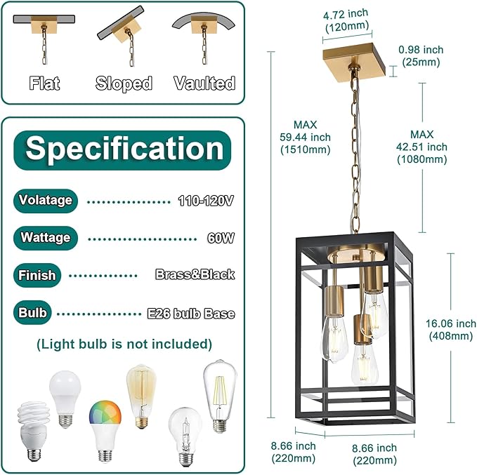 Large Outdoor Pendant Light Fixture for Porch, Black Brass Outdoor Hanging Lantern Pendant Light with Clear Glass, 3 Lights Exterior Porch Chandelier for Outside Patio,Front Door,Enterway