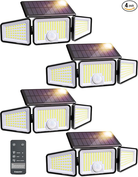 Ensenior Solar Motion Lights Outdoor, 3000LM 220 LED High Brightness Motion Sensor Outdoor Lights, 3 Head 4 Modes 270° Wide Angle Flood Lights IP65 Waterproof, Remote Control Security Lights, 4 Pack