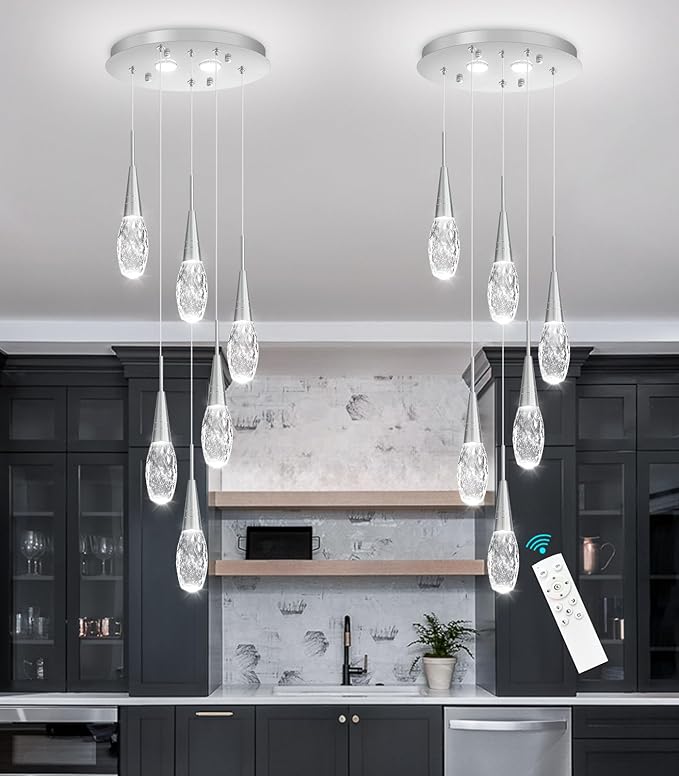 6-Lights Adjustable Pendant Lights for Kitchen Island LED Dimmable Light Fixture Modern Glam Crystal Hanging Lighting for Dining Room Bedroom Silver