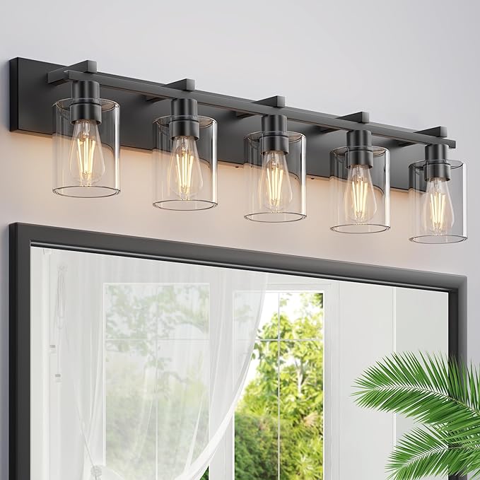 Espird Bathroom Vanity Light,5 Light Matte Black Light Fixture with Thickened Clear Glass Shade, 37 inch Modern Wall Sconce, Bathrooms Vanity Light Over Mirror for Bathroom