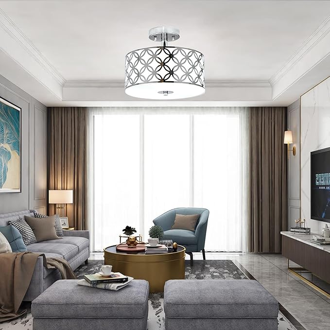 Semi Flush Mount Ceiling LED Light Fixture Hanging with Drum Shade for Dining & Living Room Kitchen Office Shop Entryway & Hallway Modern Chandelier Lamp Brushed Chrome Finish E26 Base