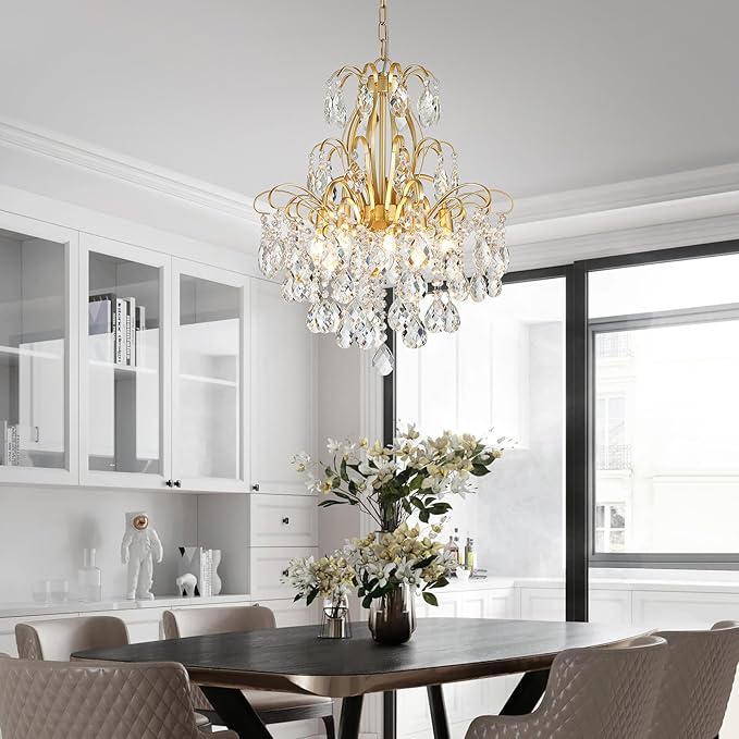 WUZUPS 5-Light Crystal Candle Chandelier Pendant Ceiling Modern Lighting Fixture for Bedroom Hallway Bar Kitchen Bathroom, H 22.8" W19.7, E12 Base, Gold
