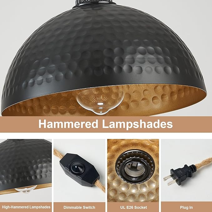 Plug in Pendant Lights Hammered Dome Hanging Lamp with Dimmable Switch 15 Ft Long Hemp Rope Farmhouse Pndant Light Cord Lighting Fixture DIY Hanging Light