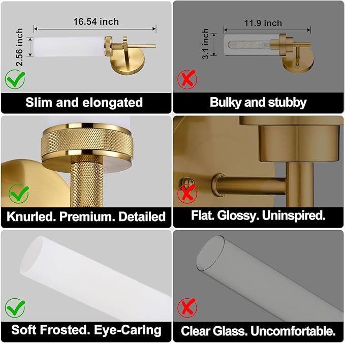 LaLuLa Wall Sconce Set of 2, Vanity Lights for Bathroom, Modern Brushed Gold, Knurled Detail, Frosted Glass Cylinder Shade, E26 Base, Hardwired, Up or Down Mount, Gold Wall Sconces for Hallway Bedroom