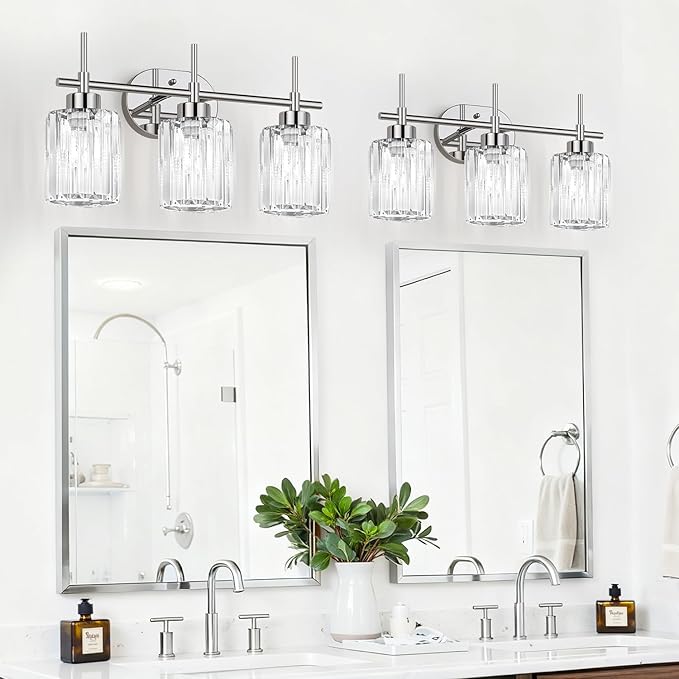 Modern Crystal Bathroom Vanity Light, 3-Light Chrome Vanity Light with Clear K9 Crystal Shades, Bathroom Light Fixtures Over Mirror (Bulbs Not Included)